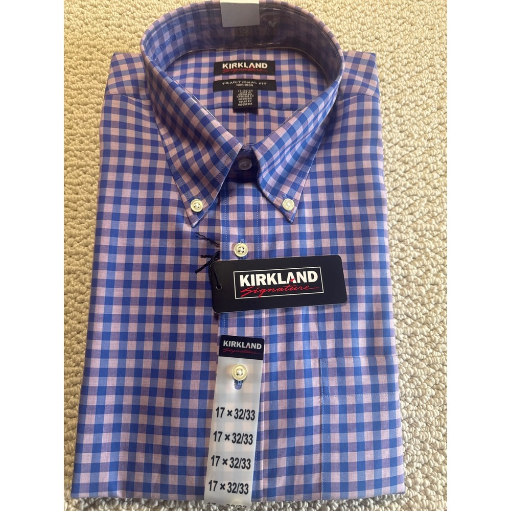 Kirkland Signature Blue Purple Gingham Dress Shirt 17 32/33 Traditional Fit NWT